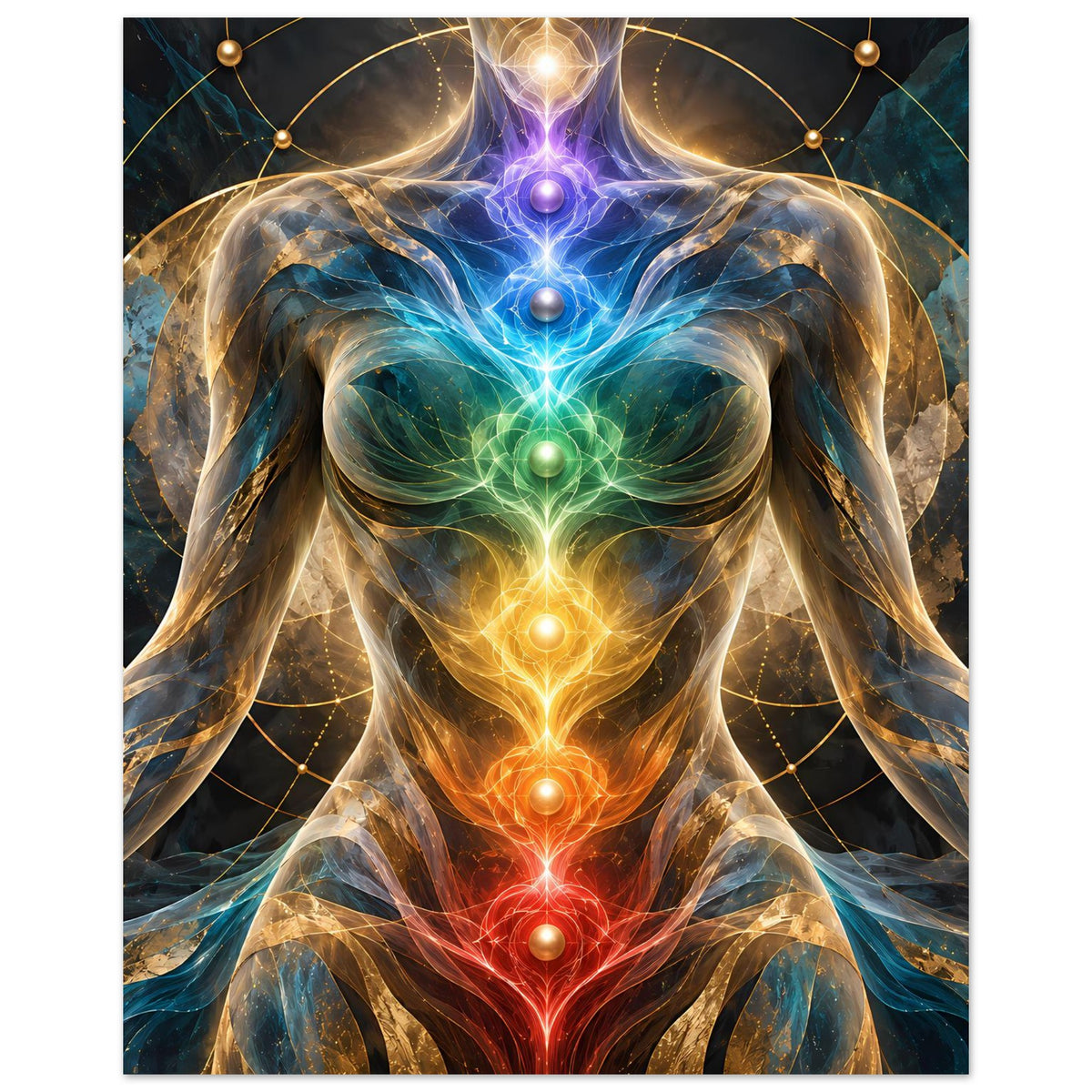 Energieposter im Hochformat: menschliche Silhouette mit farbigen Chakra-Lichtern