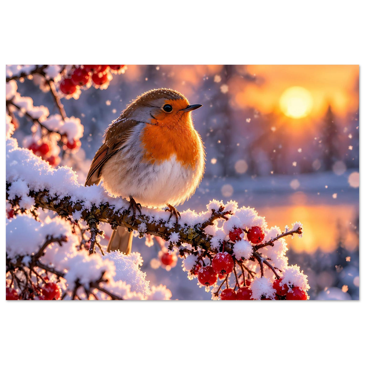 Horizontales Poster mit Rotkehlchen auf verschneigter Beerenzweig, goldenes Abendlicht