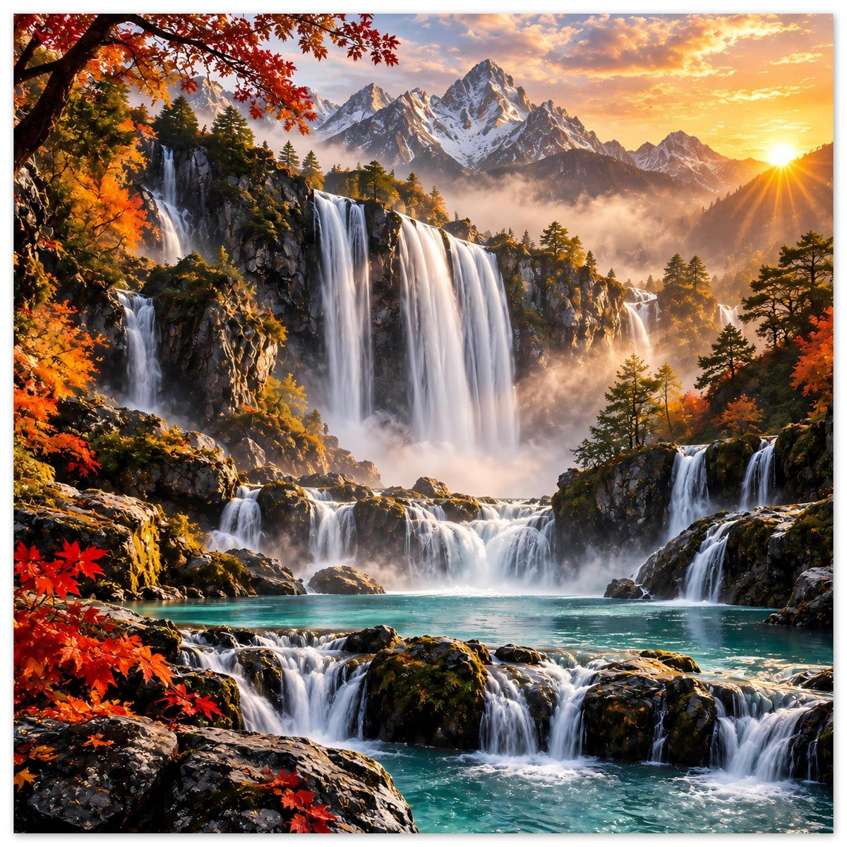 Poster mit Wasserfällen, türkisblauem Fluss, Nebelschleiern und Bergen bei Sonnenaufgang