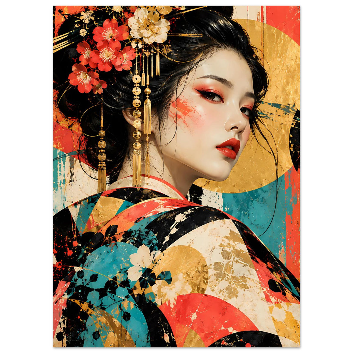 Kunstposter mit Geisha-Porträt, Blüten im Haar und farbenfrohem, grafischem Kimono-Muster