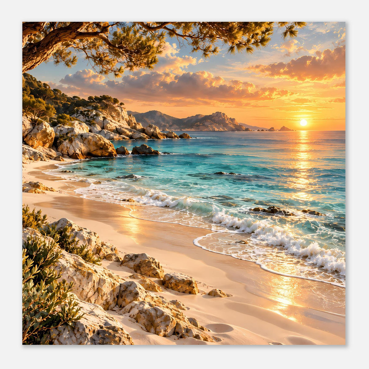 Querformat-Strandposter kleinformatig: Küste, türkisfarbenes Wasser und goldener Sonnenuntergang