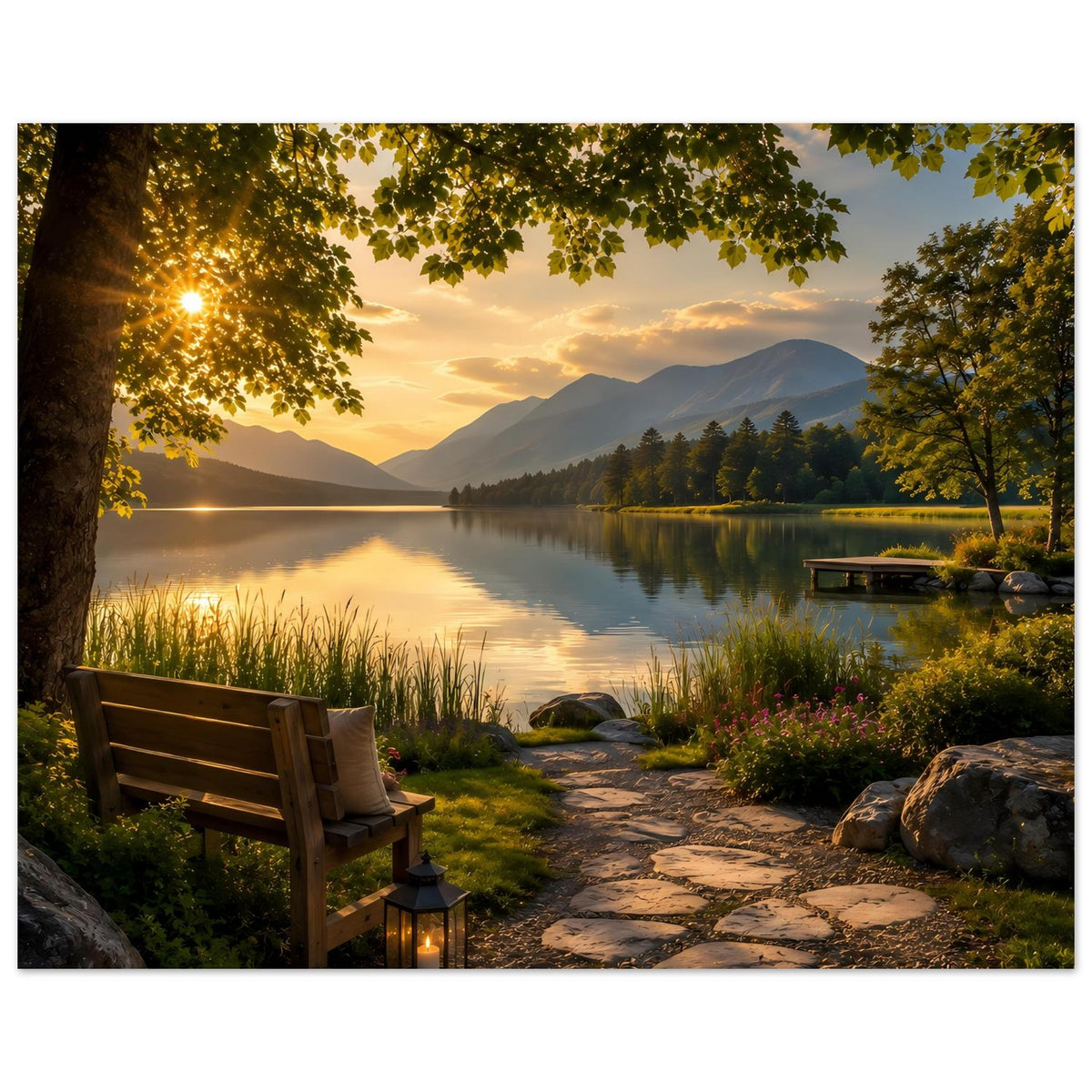 Kunstposter Seeufer bei warmem Licht, Bank, Laterne, Kiesweg und Berge im Hintergrund