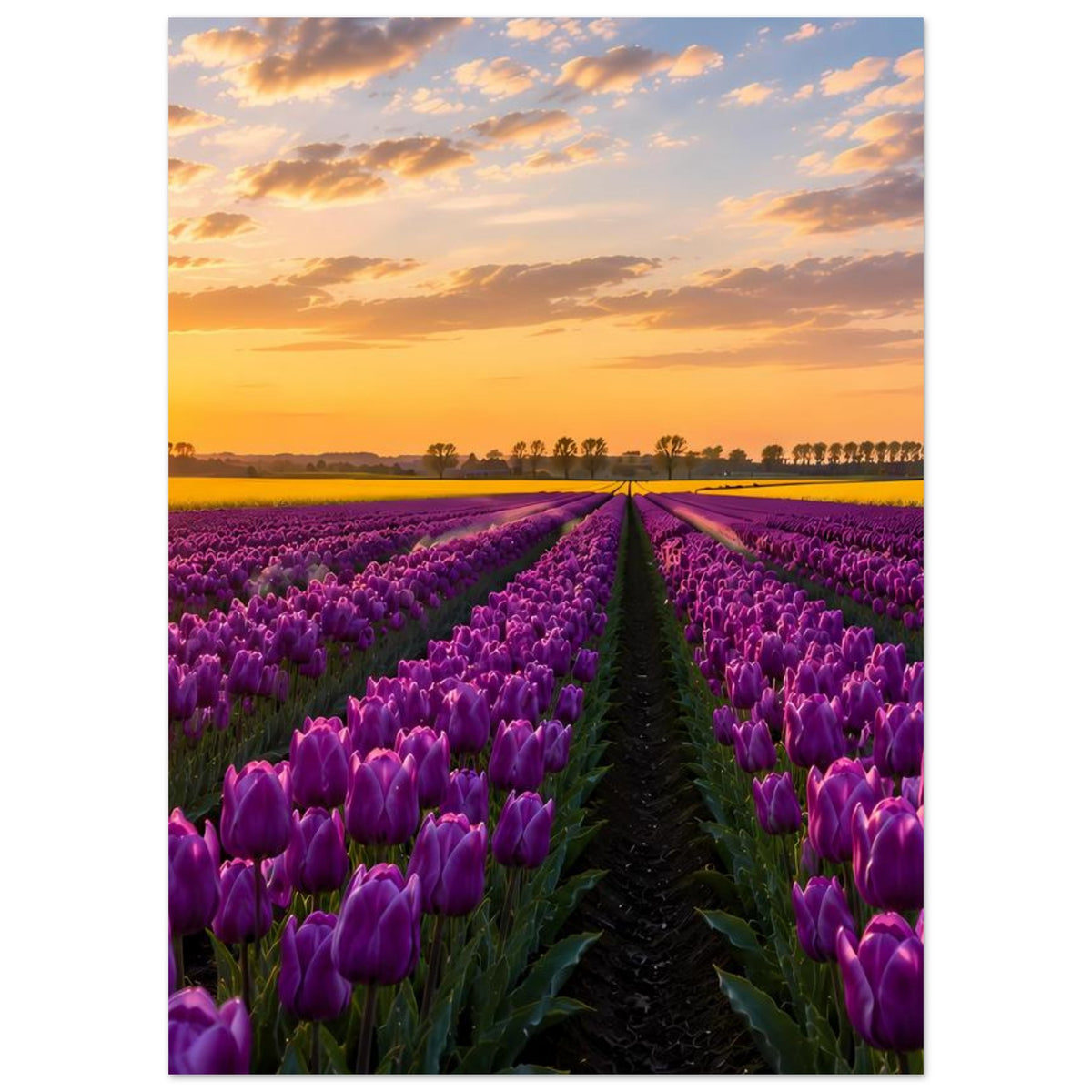 Poster mit violetten Tulpenfeldern und goldenem Sonnenuntergang