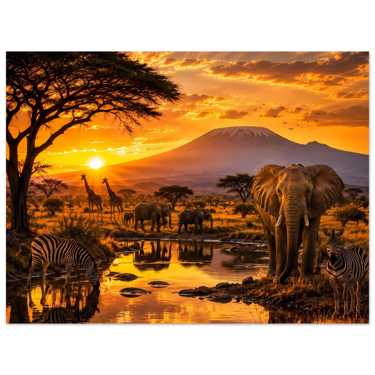Querformat-Poster mit Elefanten rechts, Zebras links und Sonnenuntergang mit Berg
