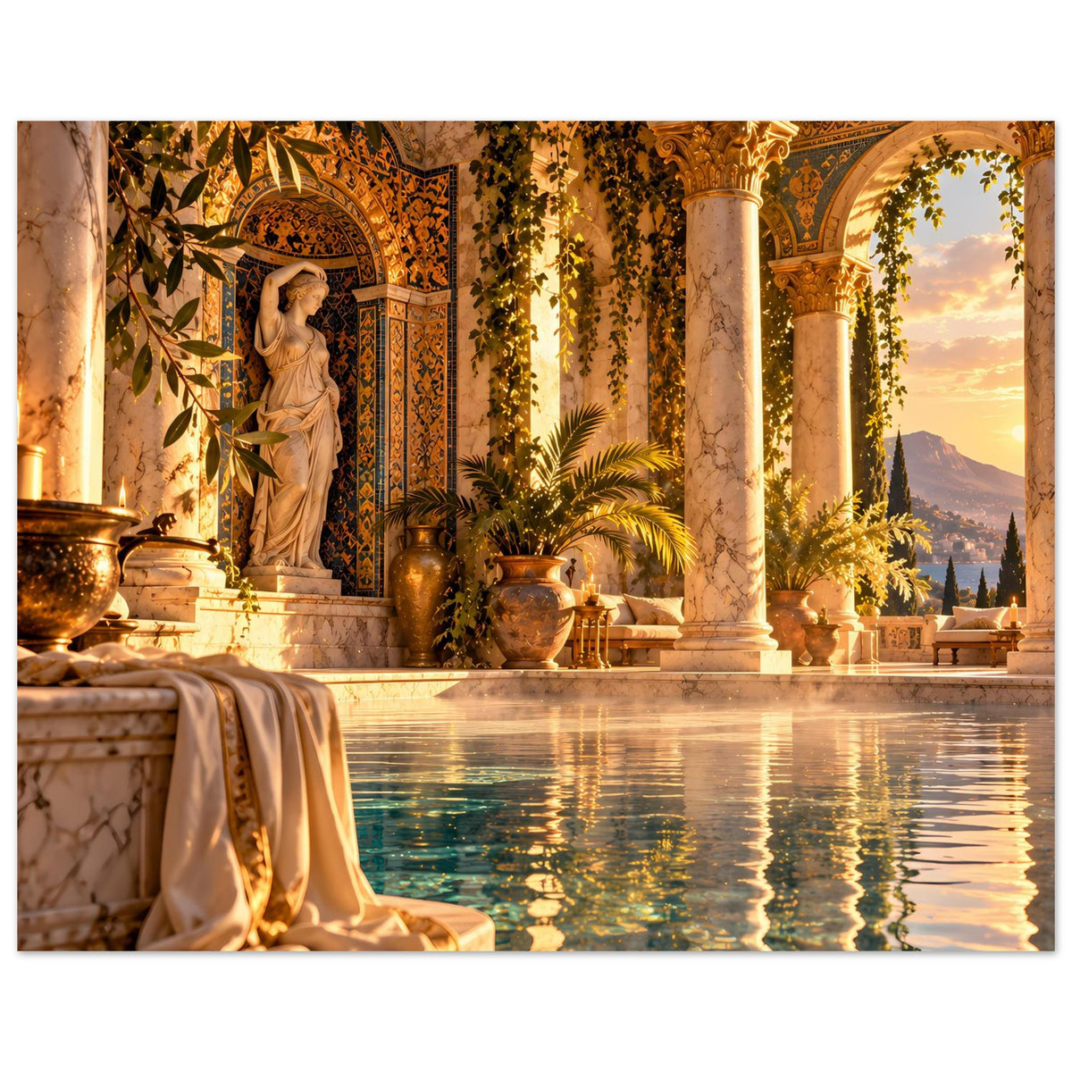 Mediterranes Pool-Poster mit goldenen Säulen, Statue, Palmen und ruhigem Wasserbecken