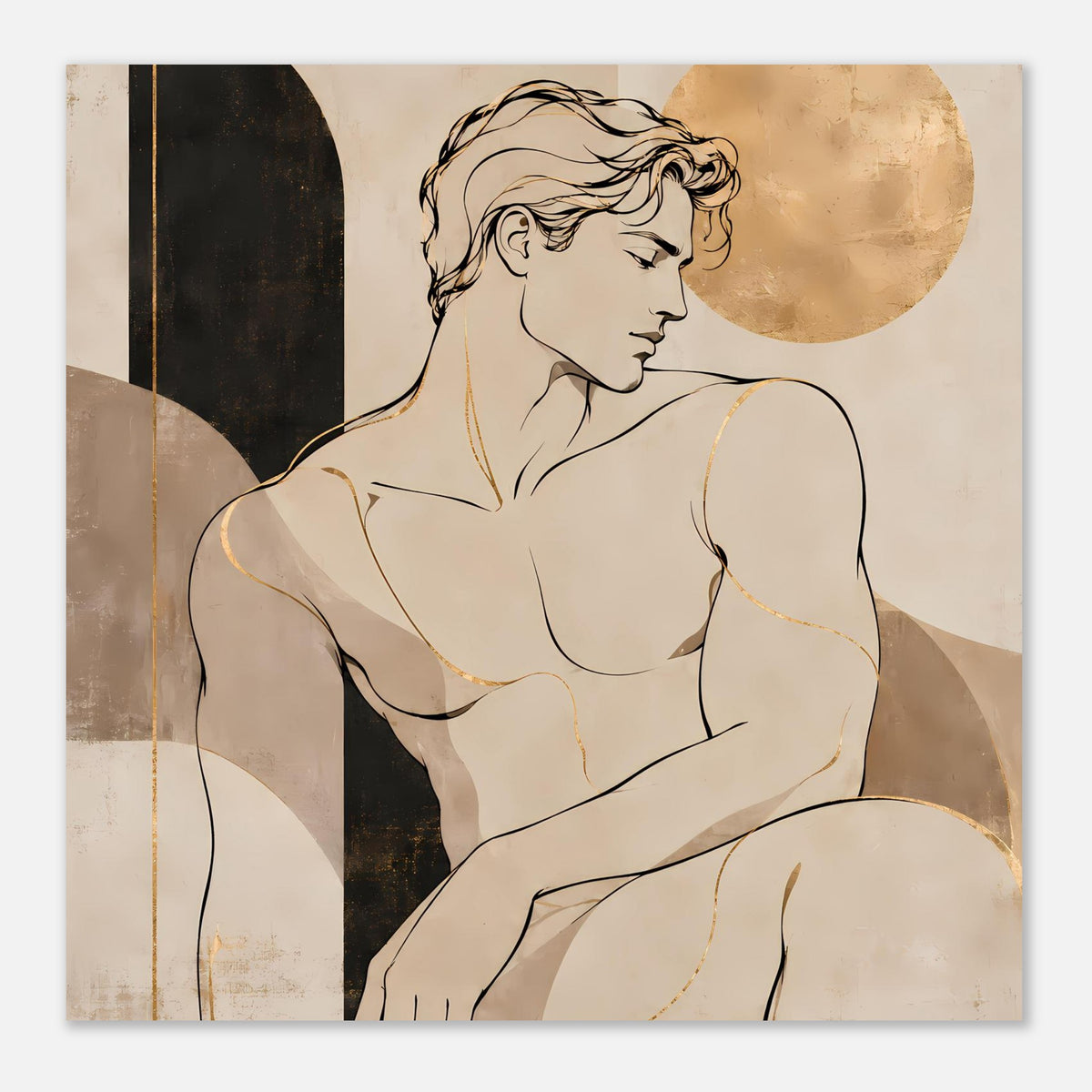 Kunstdruck: Aktfigur im warmen Erdtone-Look, klare Konturen, goldene Akzentlinien