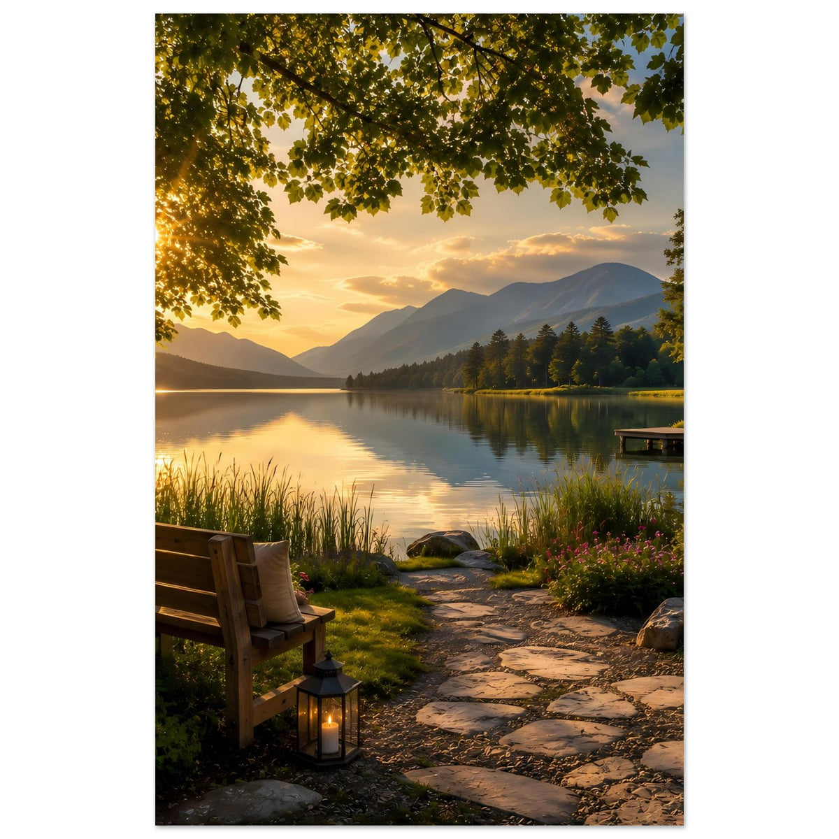 Poster mit Seelandschaft, spiegelndem Wasser, Holzbank, Laterne und Feldsteinpfad