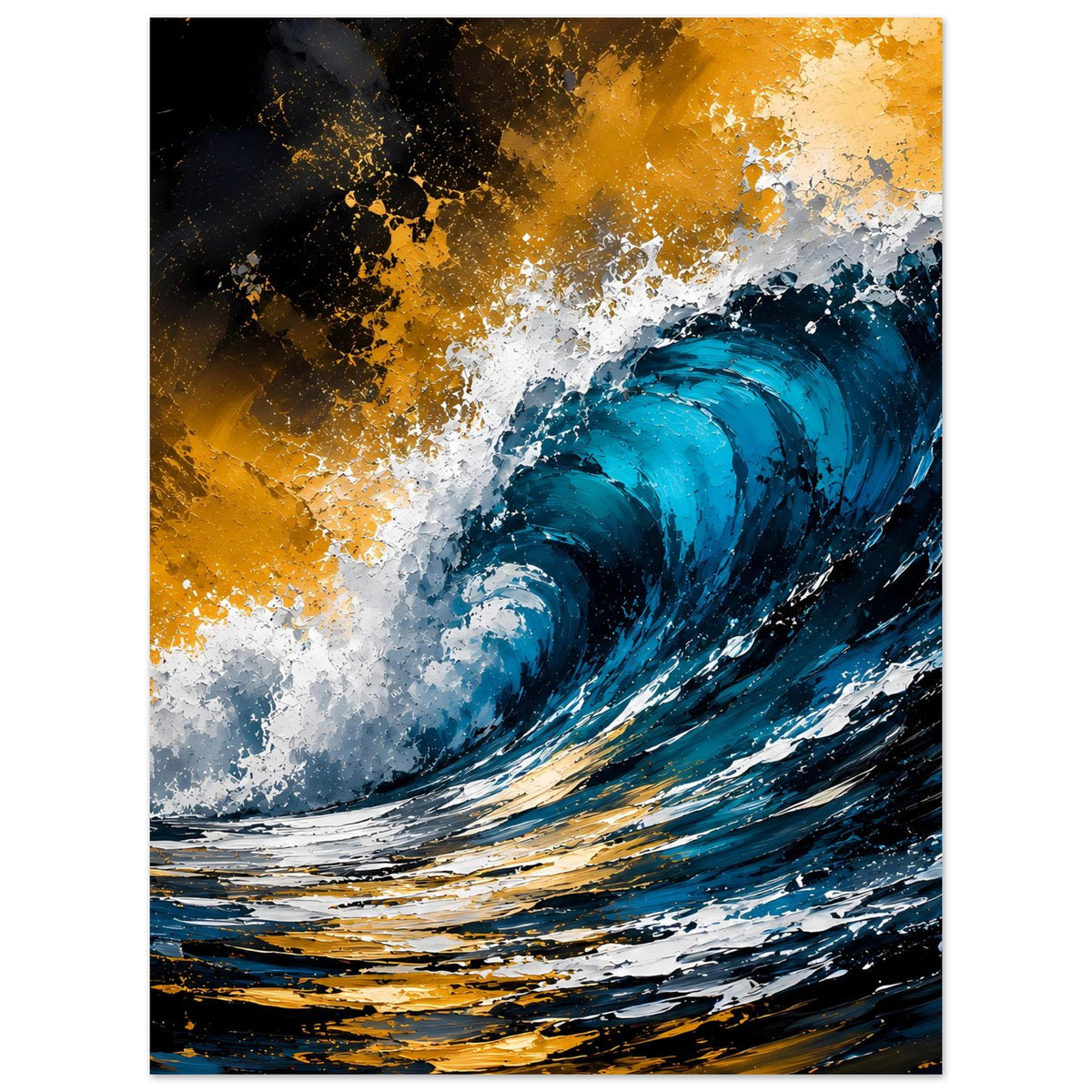 Meer-Wellen-Poster mit schwarzem Rand, türkis/blaues Wasser und goldene Spritzer