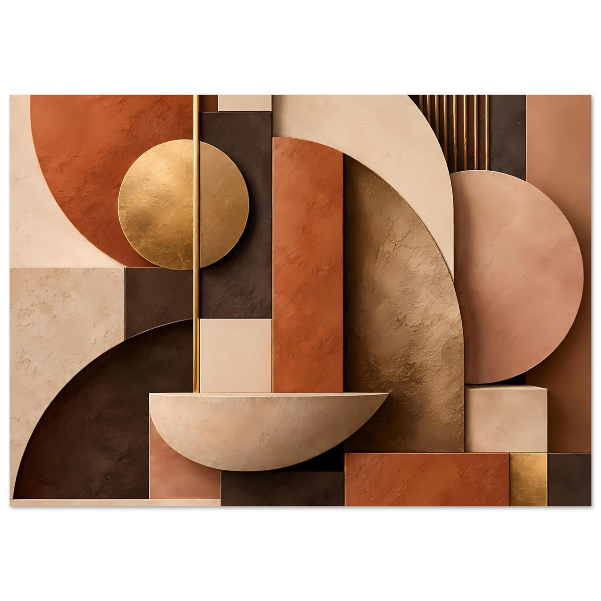 Kunstposter mit geometrischer Komposition aus Kreisen, Halbmond und Rechtecken in Terrakotta und Gold