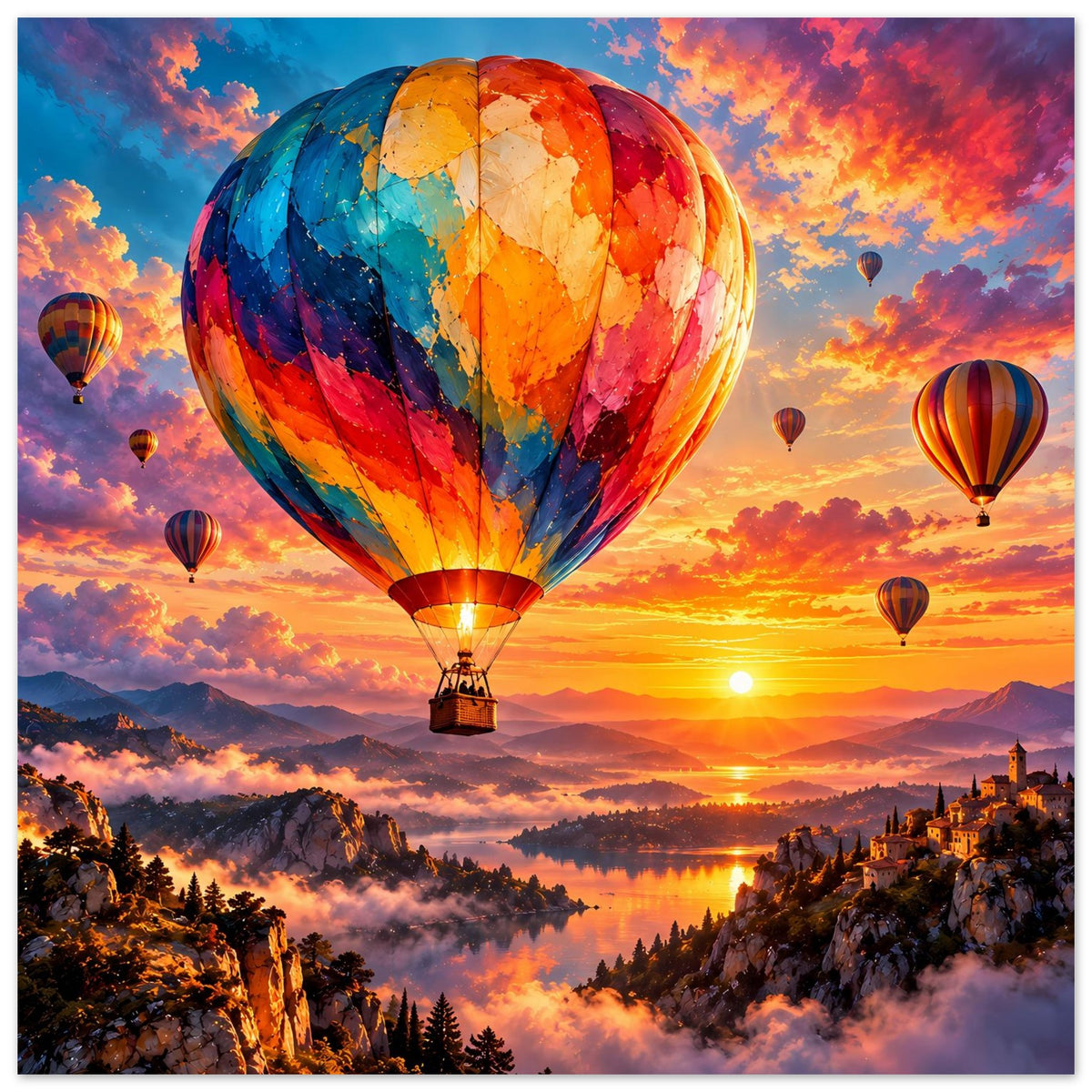 Wandposter mit Heißluftballons über einer Sonnenuntergangslandschaft und Bergen in der Ferne