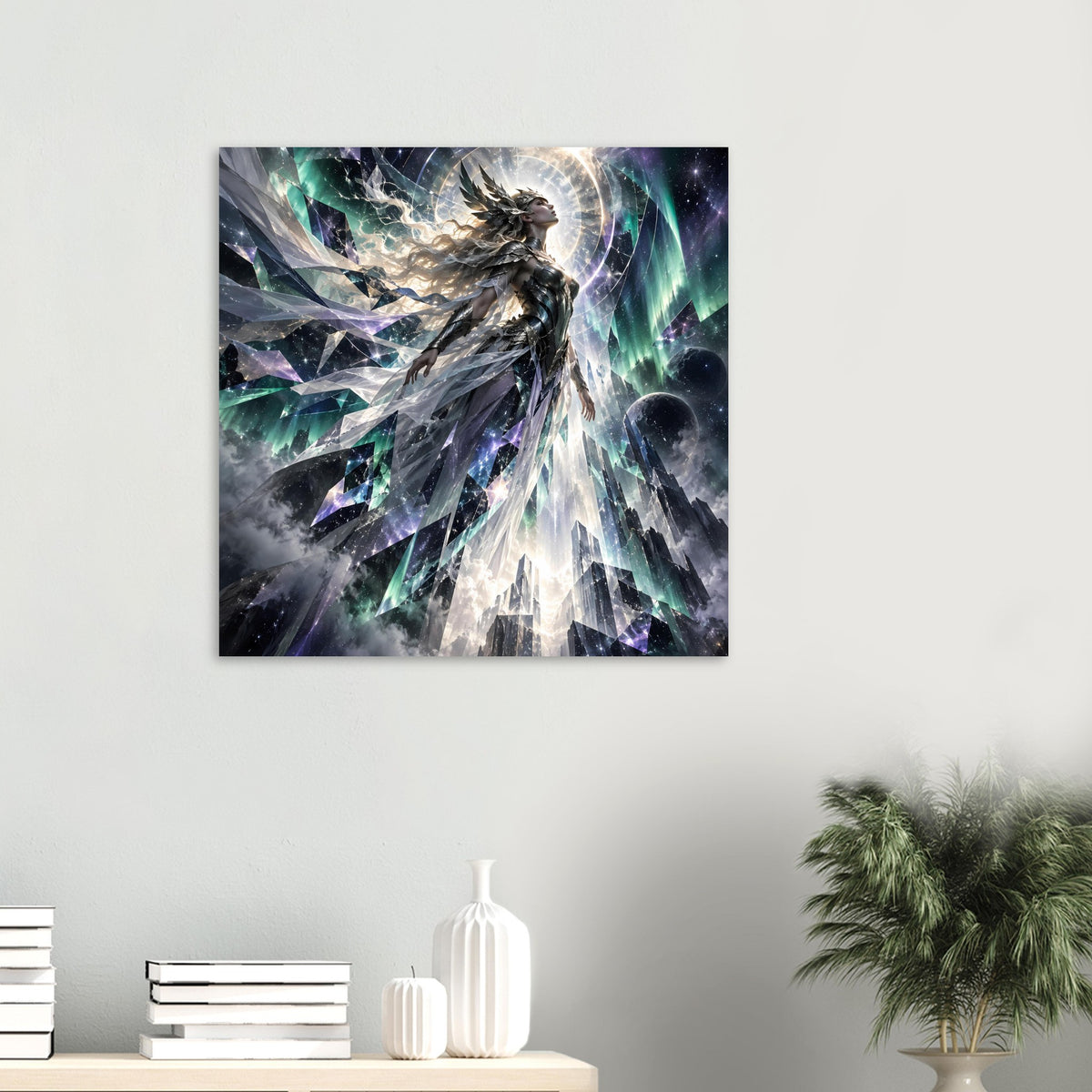 Kleines Fantasy-Poster im Quadratrahmen: Krieger in Kristalllandschaft mit Sternenschein