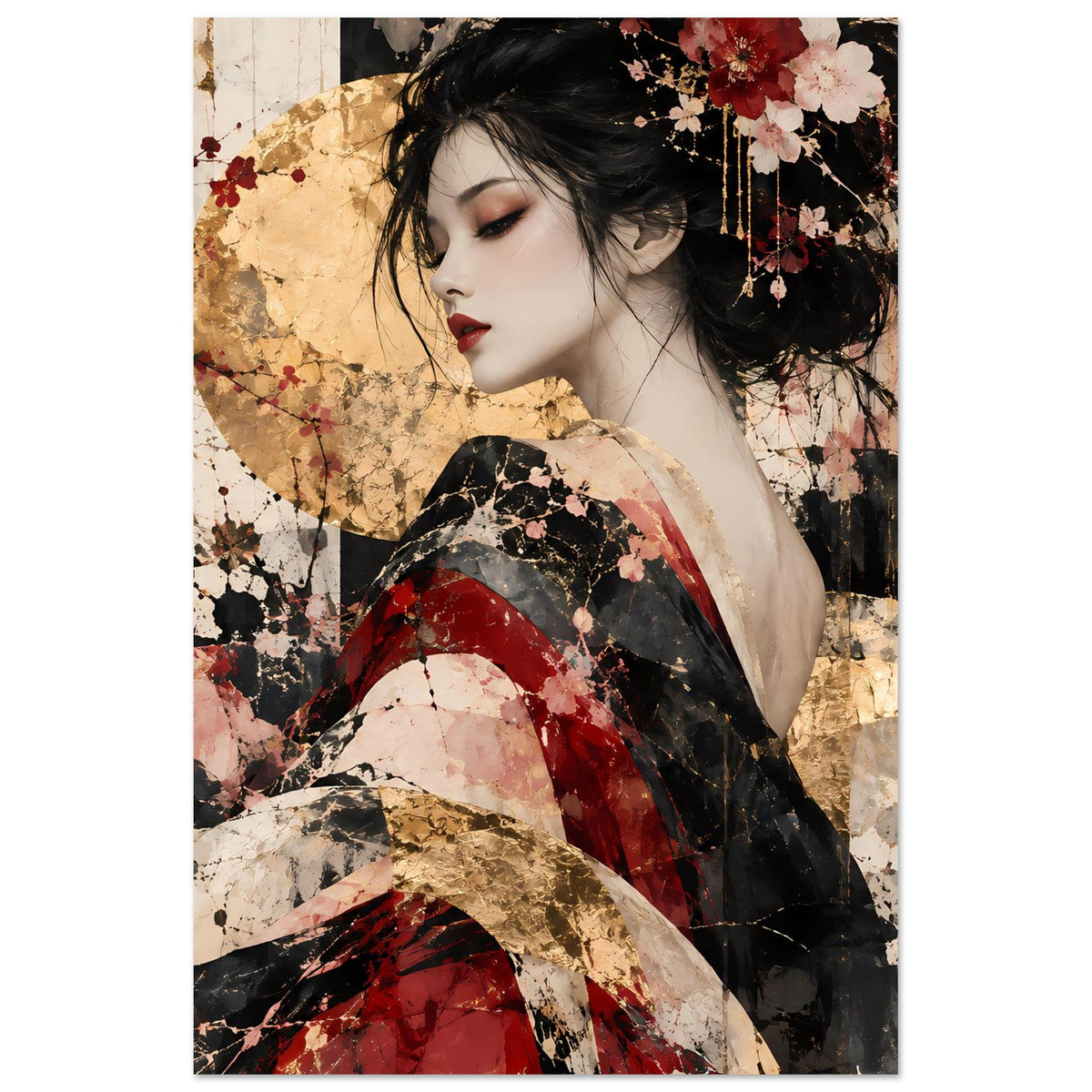 Asiatisches Kunstposter, vertikales Porträt: Frau mit roten Akzenten und Blumen im Haar