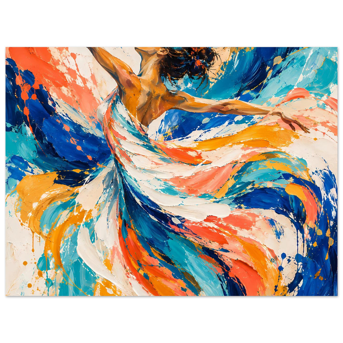 Kunstposter im Hochformat, Tänzerin mit bunten Pinselstrichen in Blau, Orange und Gelb.