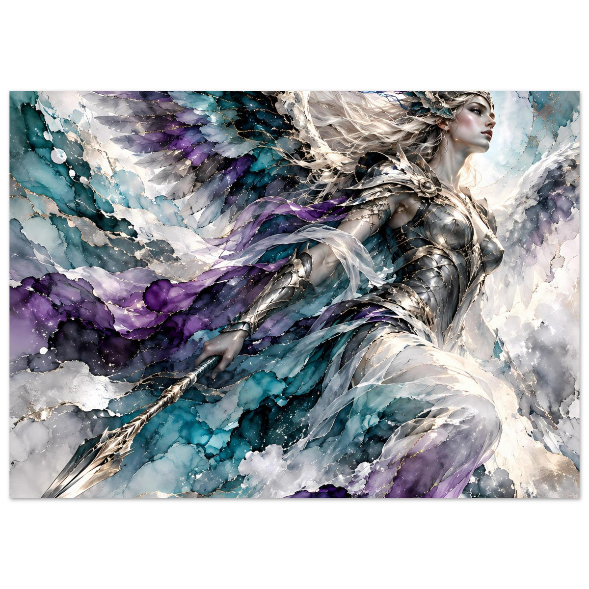 Fantasy-Poster im Querformat: Kriegerengel mit silbernen Flügeln, Blau/Violett-Muster und gezogenem Schwert