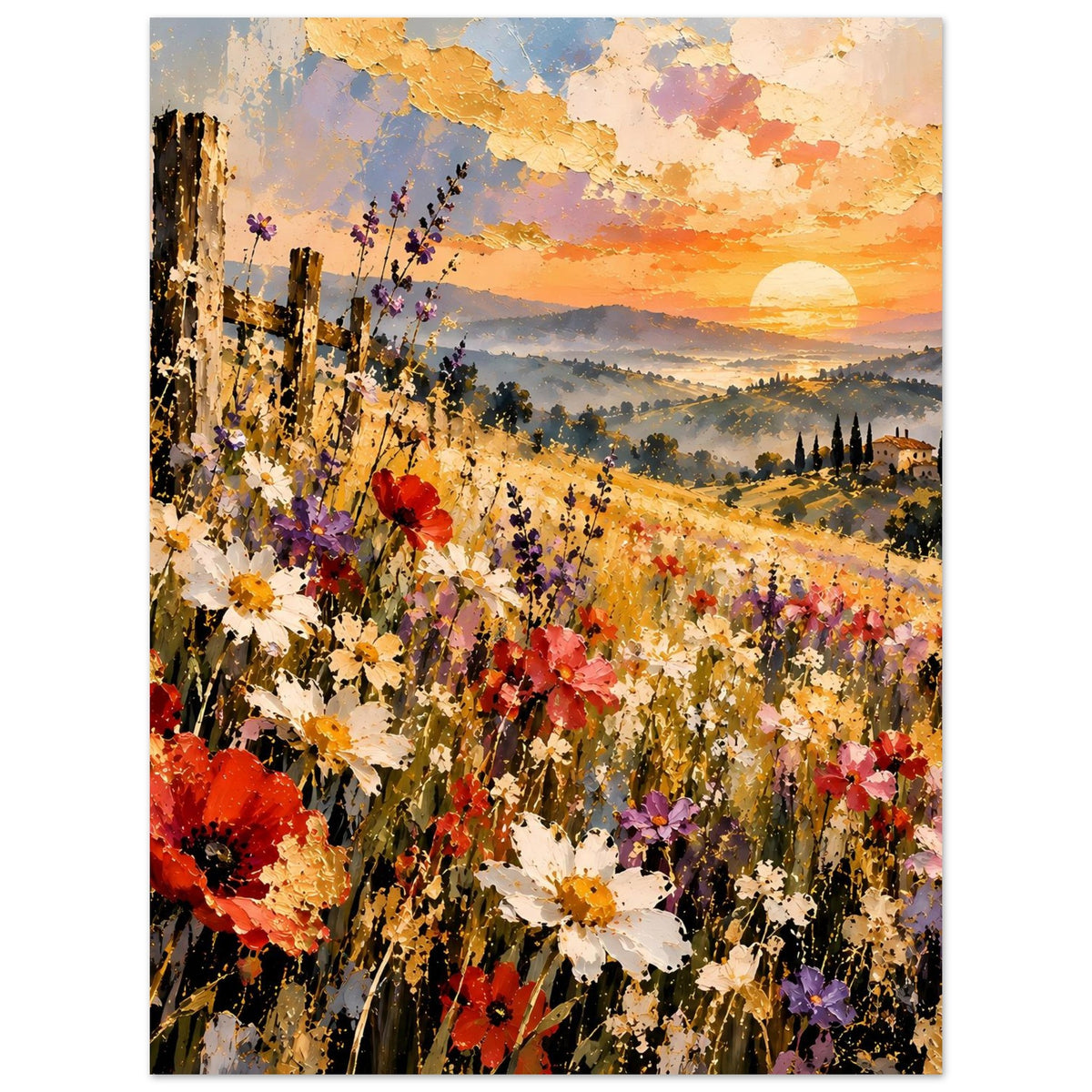 Landschaftsposter mit bunten Blumen, Zaun links, Hügel im Hintergrund und Abendsonne