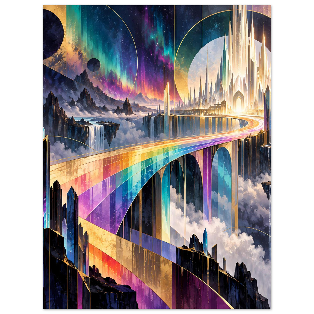 Futuristisches Regenbogen-Brückenposter mit Regenbogenbrücke, Wolken und futuristischen Stadttürmen