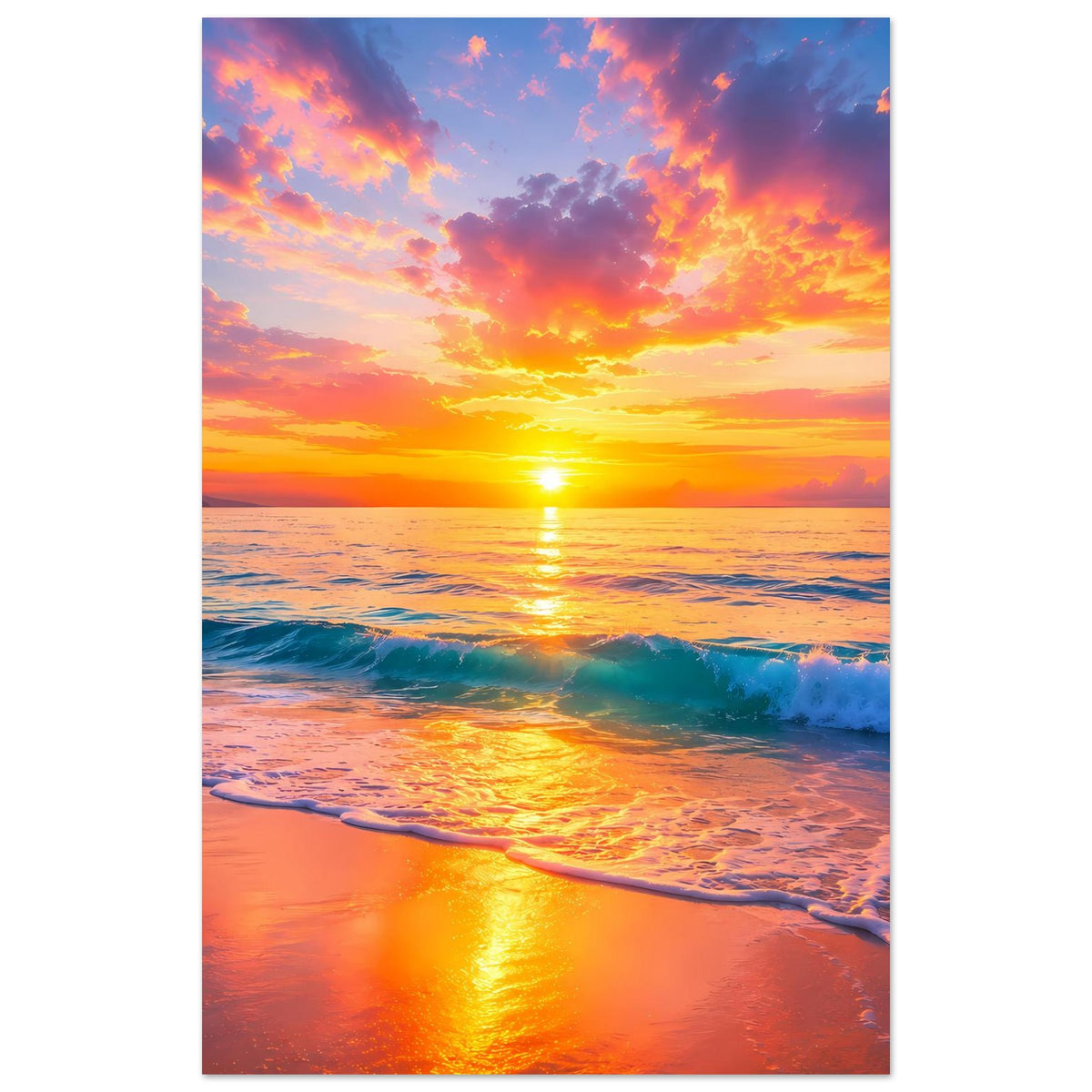 Hochformatiges Strandposter: Sonnenschein am Horizont, Wellen auf nassem Sand