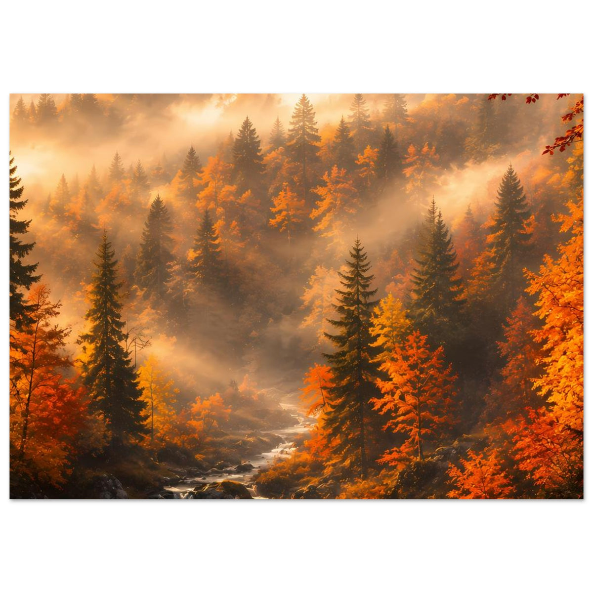 Herbstlandschafts-Poster mit Waldnebel, Wasserlauf im Tal und orange leuchtenden Baumkronen