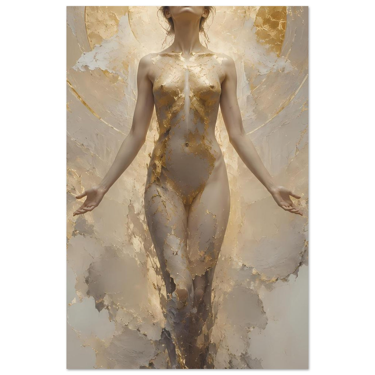 Schwebende Frauenfigur im Poster, Creme- und Goldtöne mit goldfarbenem Drapierungs-Motiv