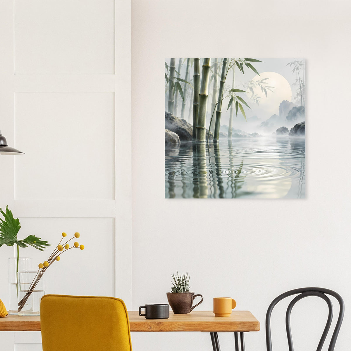 Poster mit Bambus am Wasser, Spiegelbild in der Oberfläche und Nebelschichten