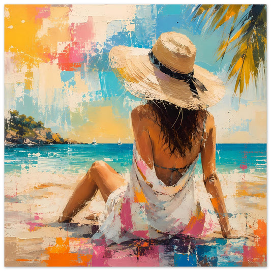Sommerposter mit Frau im Strohhut, sitzend am Strand, abstrakter Farbauftrag