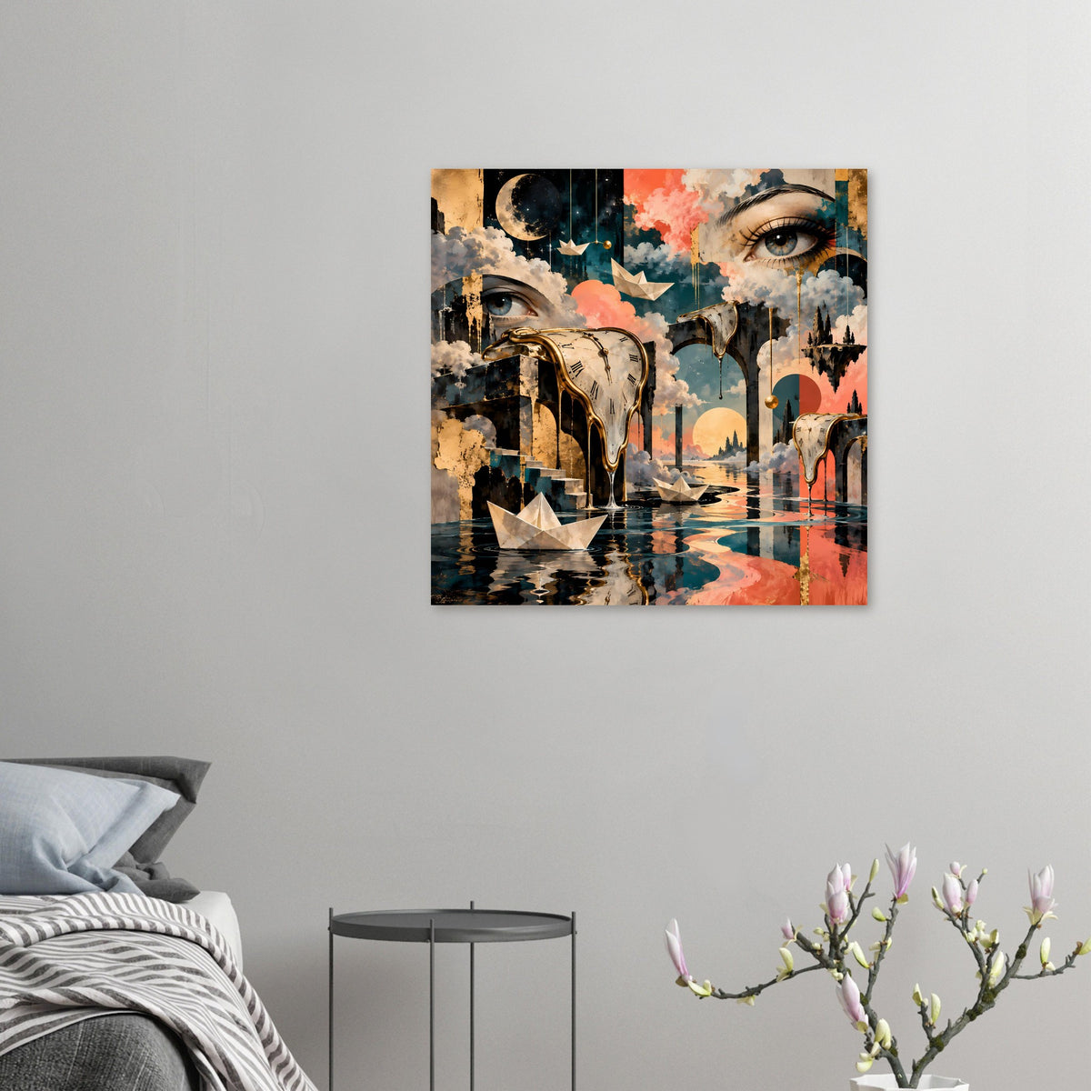 Kleines Traumlandschaftsposter an der Wand mit schmelzenden Uhren, Gesichtern und Booten
