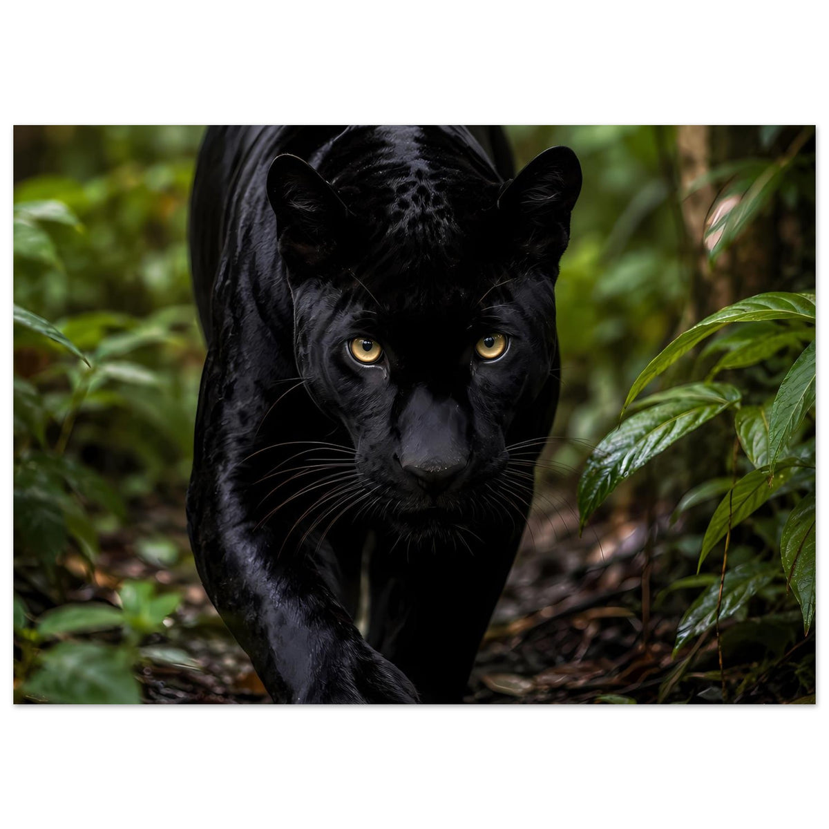 Poster mit schwarzem Panther im Wald, Kopf nah, gelbe Augen