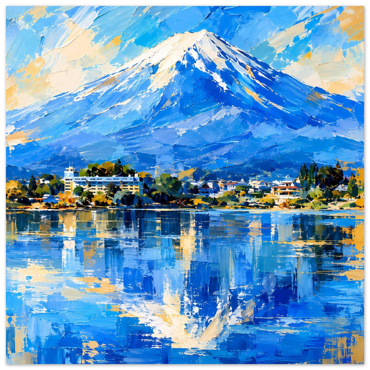 Poster mit blauem Berg, Landschaft im Pinselstil, Dorf am See und klarer Spiegelung