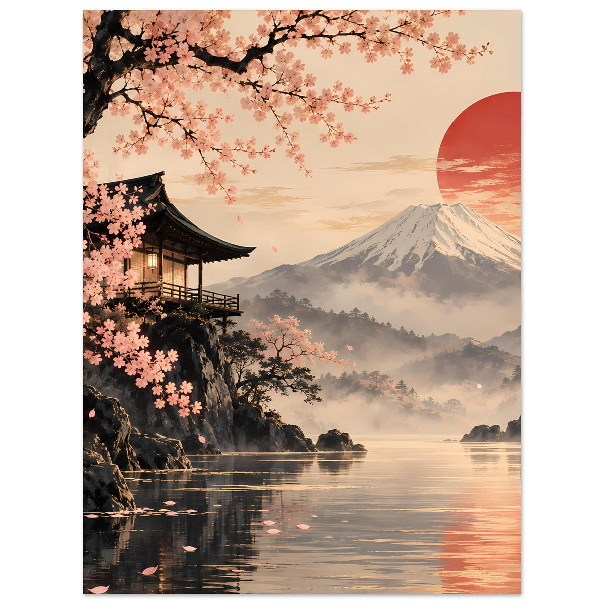 Poster-Ausschnitt mit Kirschblütenzweigen links, Pagode, Fuji-Berg und roter Sonne rechts