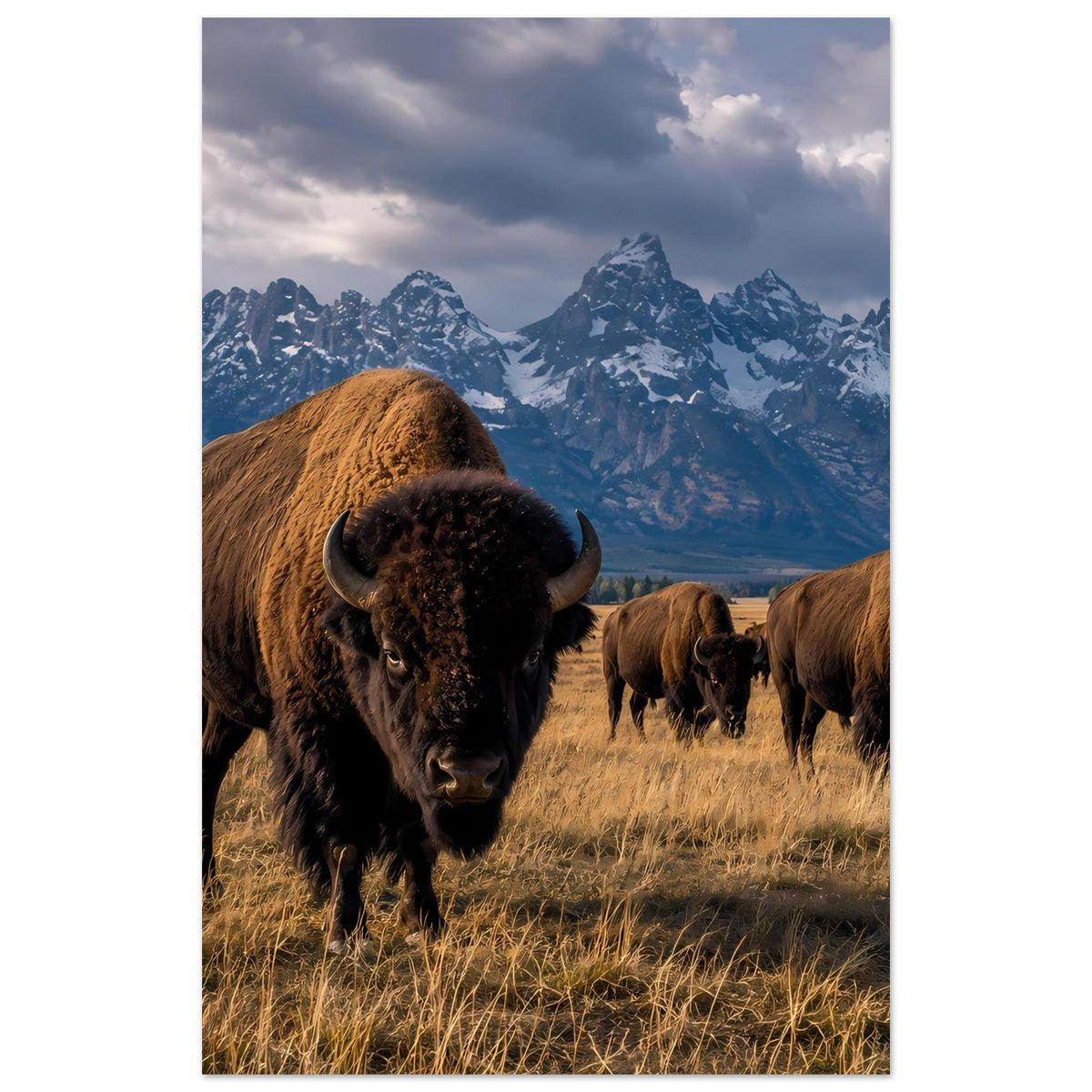 Bison-Poster in Hochformat: Vordergrundbison, dahinter mehrere Tiere in der Landschaft