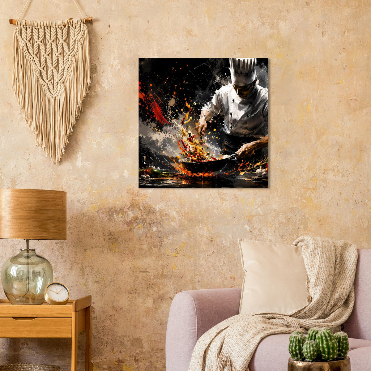 Wandposter mit Kochmotiv: Flammen, Funken und Spritzfarbe, Schwarz-Weiß mit orangefarbener Glut