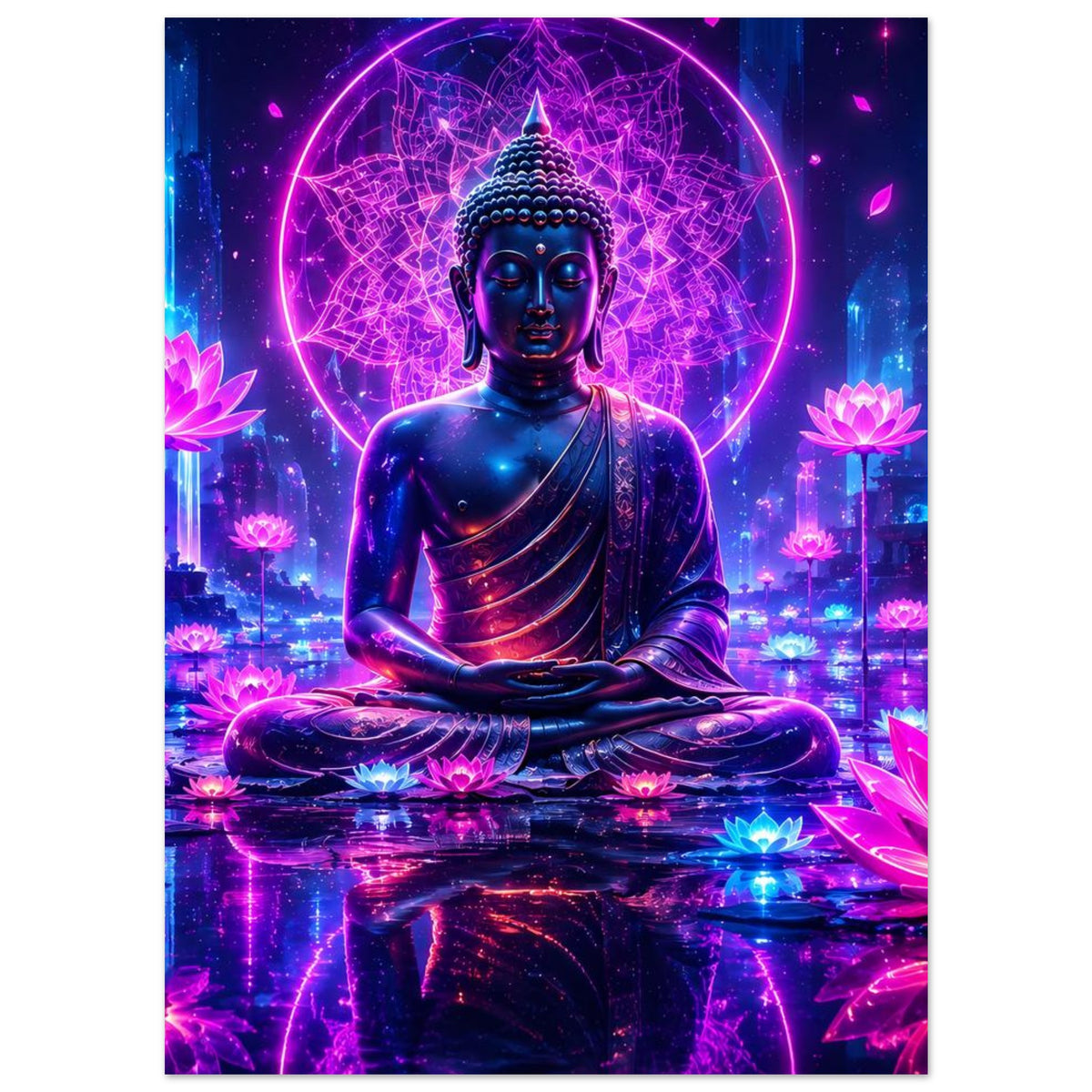 Vertikal-Poster mit sitzendem Buddha im Lotussitz und leuchtenden Lotusblüten