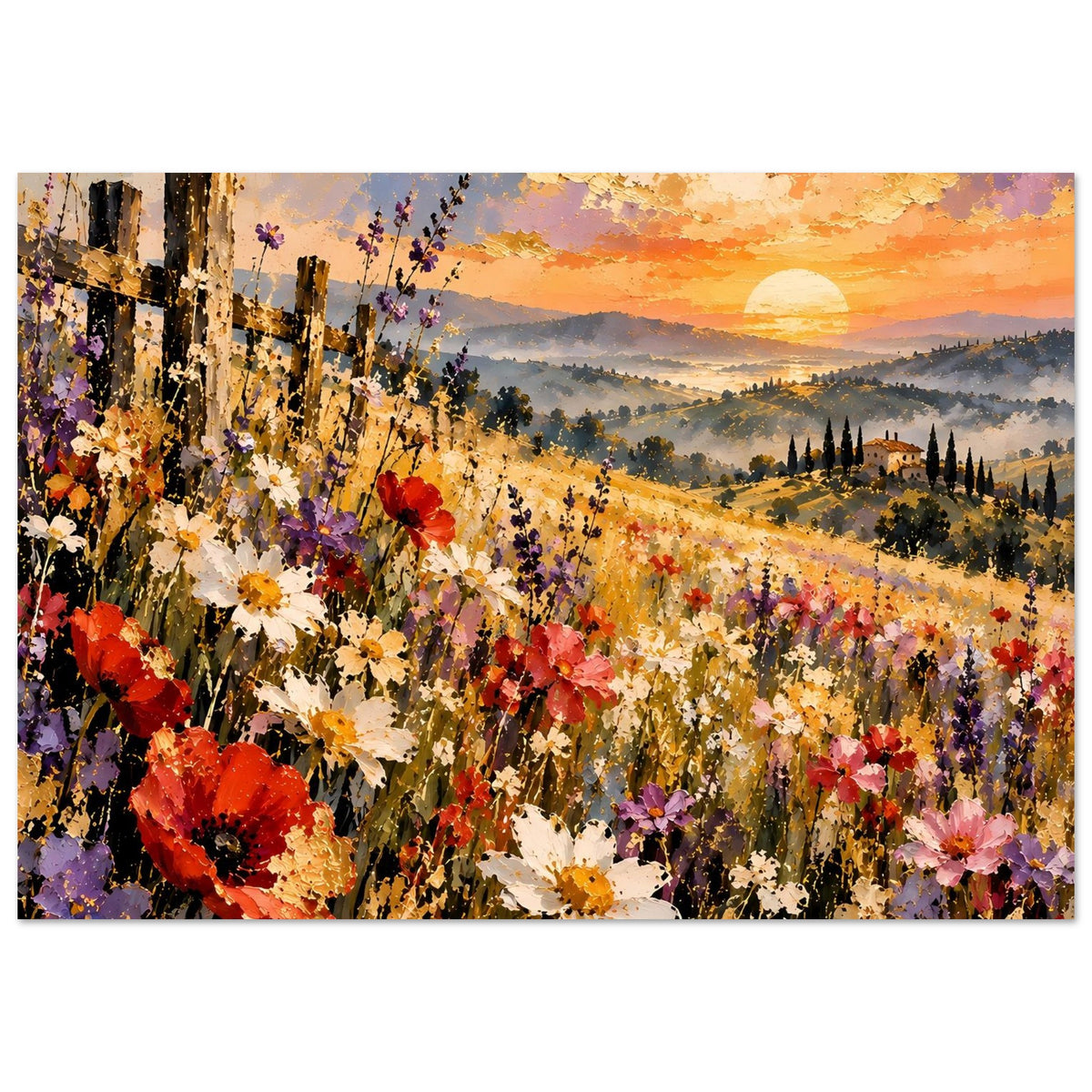 Landschaftsposter: Blumenwiese mit roten, lila und weißen Blüten, Sonne über Hügeln