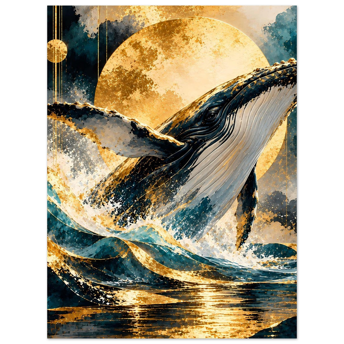 Poster mit springendem Buckelwal, goldenem Mond und türkis-blauen Wasserwellen