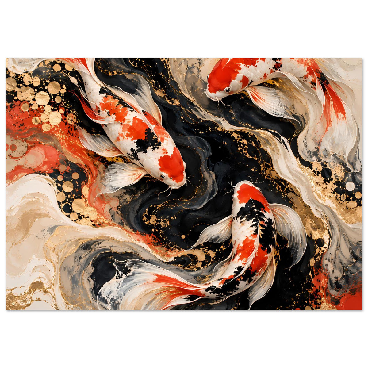 Kunstposter mit Koi-Fischen in Schwarz, Weiß und Rot, goldene Sprenkel, abstraktes Muster