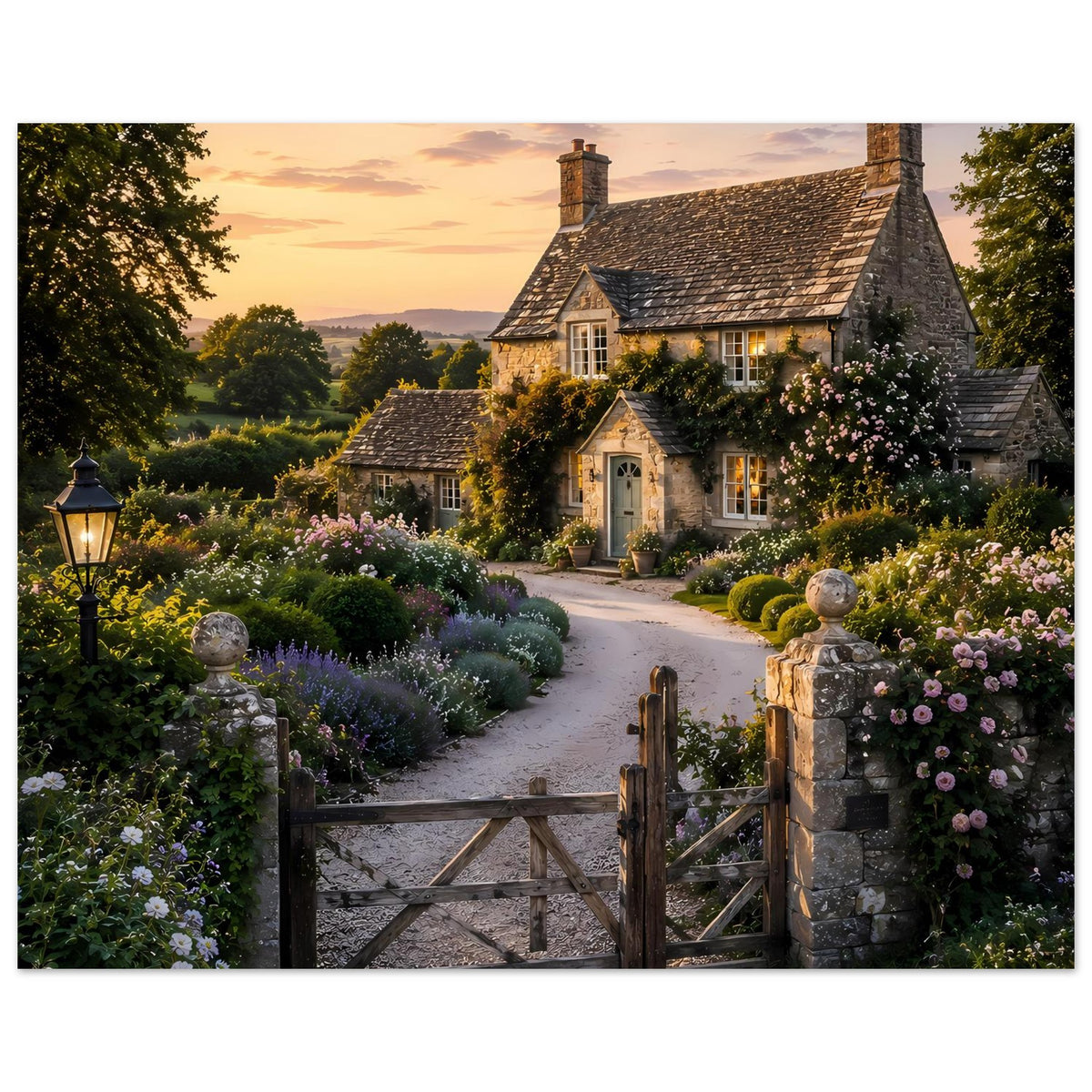 Poster im Querformat mit Landhaus, Blumenranken und Gartenzaun im Vordergrund