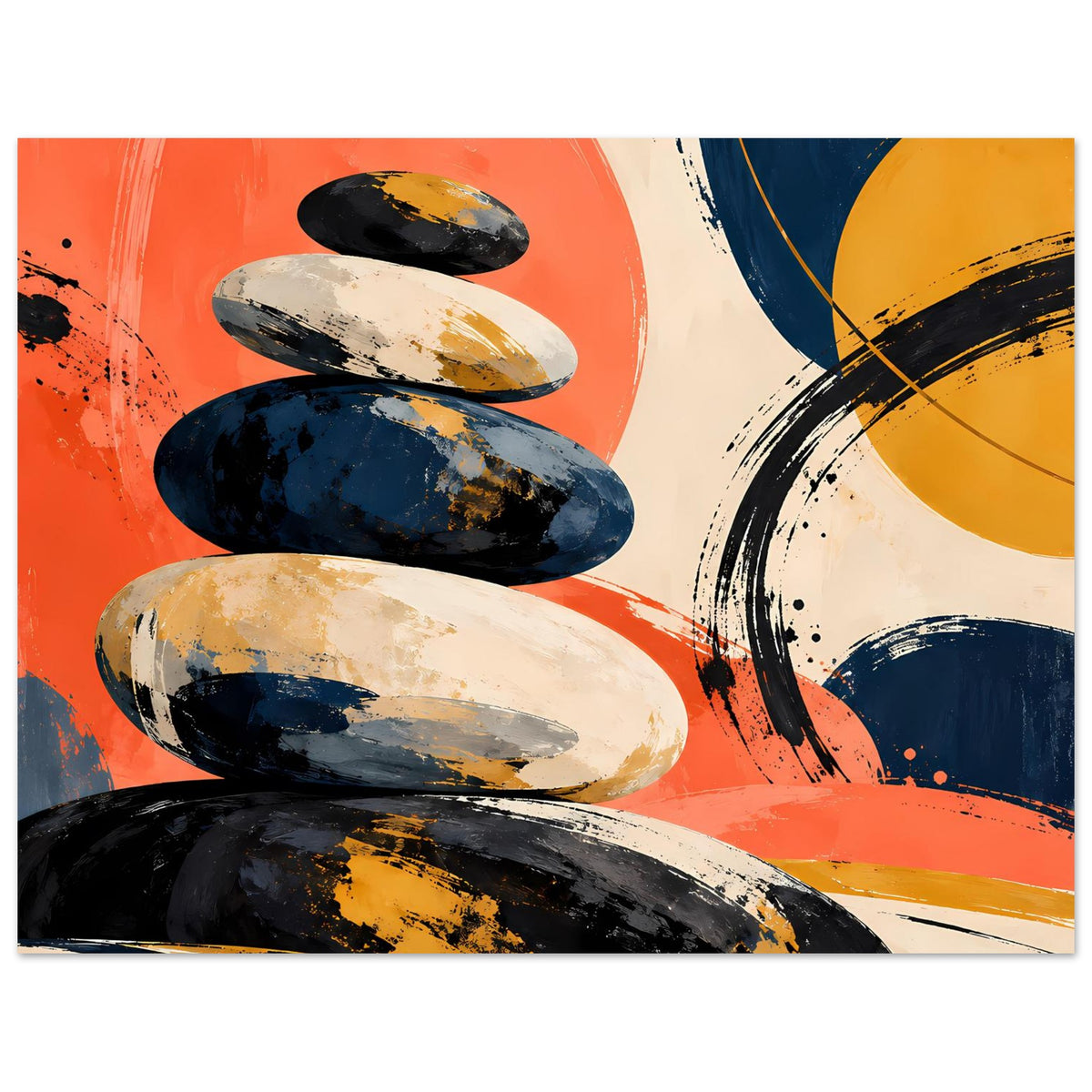 Poster mit Zen-Steinstapel, schwarze, blaue und beige Steine auf orangefarbenem Grund