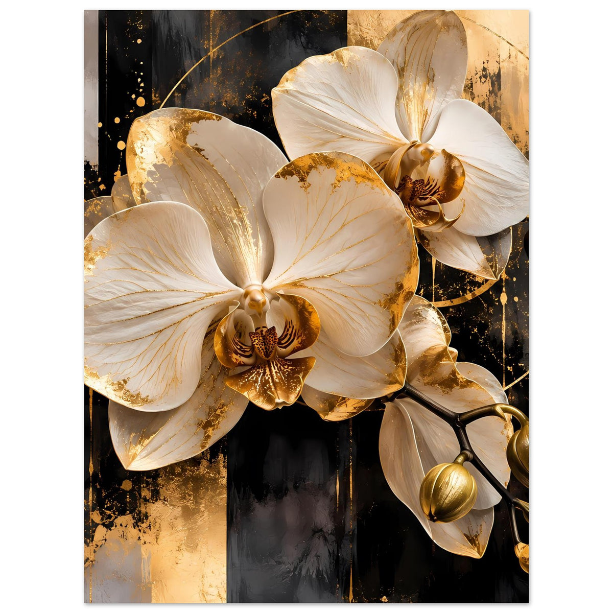 Orchideen-Wandposter mit cremeweißen Blüten, goldenen Details und Schmuckknospen rechts