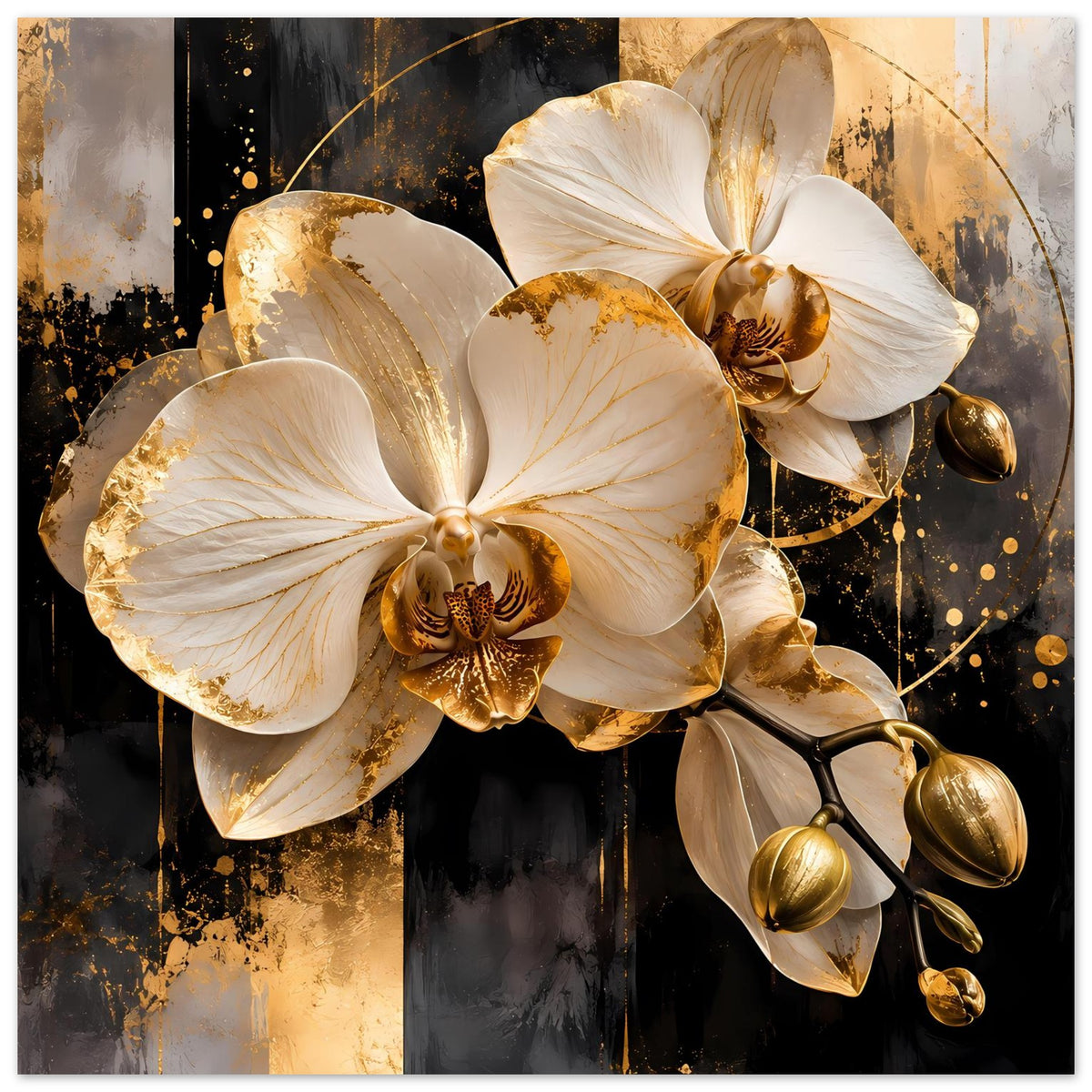 Orchideen-Poster im Querformat mit cremeweißen Orchideen und goldfarbenen Sprenkeln