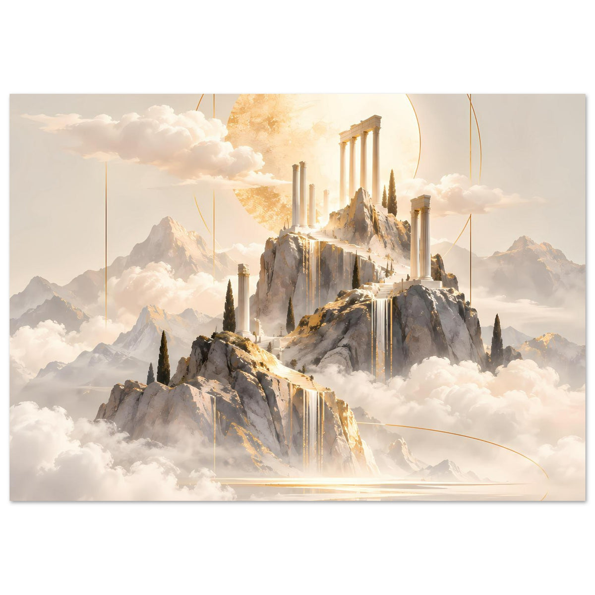 Poster im Querformat mit goldenem Tempelmotiv, Säulen, Felsen und feinen Goldlinien