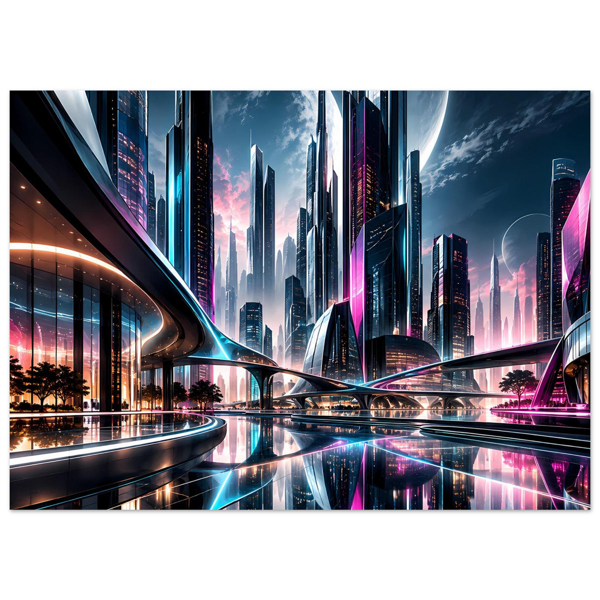 Neon-Stadtposter im Querformat mit Skyline, Mondsichel und leuchtenden Straßenkreuzen
