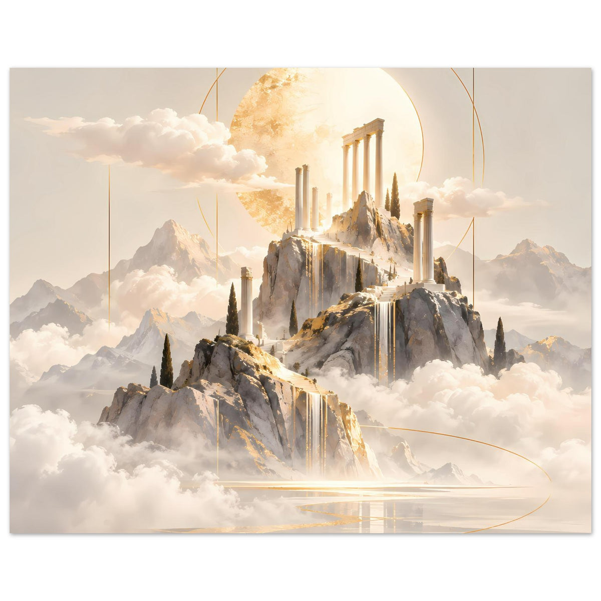Breites Poster mit goldenem Tempelmotiv: Berge, Nebelmeer, Sonnenkreis und goldene Linien