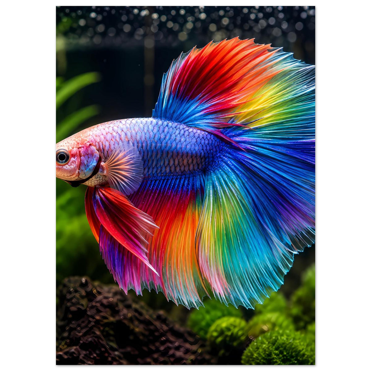 Poster mit Regenbogen-Bettafisch, leuchtende blaue, orange und violette Flossen im Motiv.