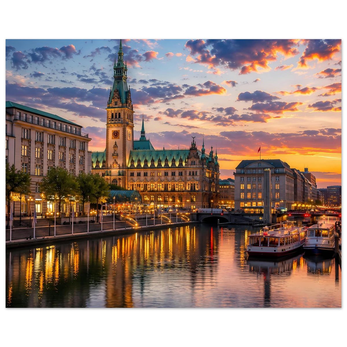 Stadtansichten-Plakat mit Turm und Flussreflexionen, rechts ein liegendes Boot am Ufer