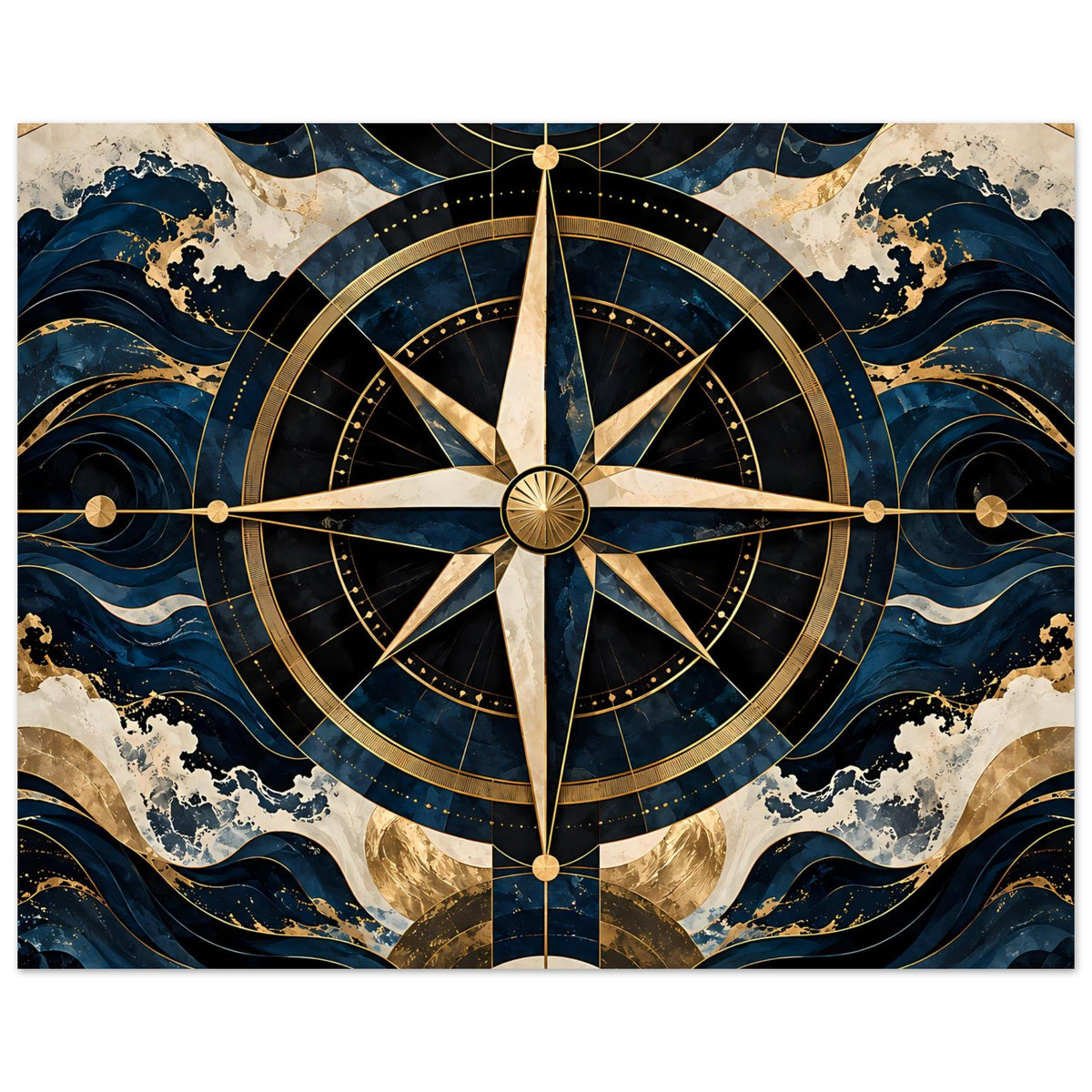 Maritimes Navigationsposter, Kompassrose mit blauen Wellen und goldenen Linien
