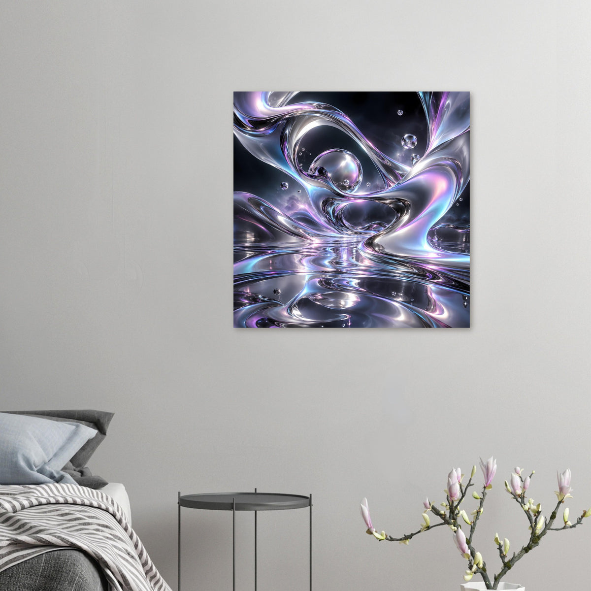 Quadratisches Chrom-Liquid-Poster mit schillernden Wellen und Glaskugeln