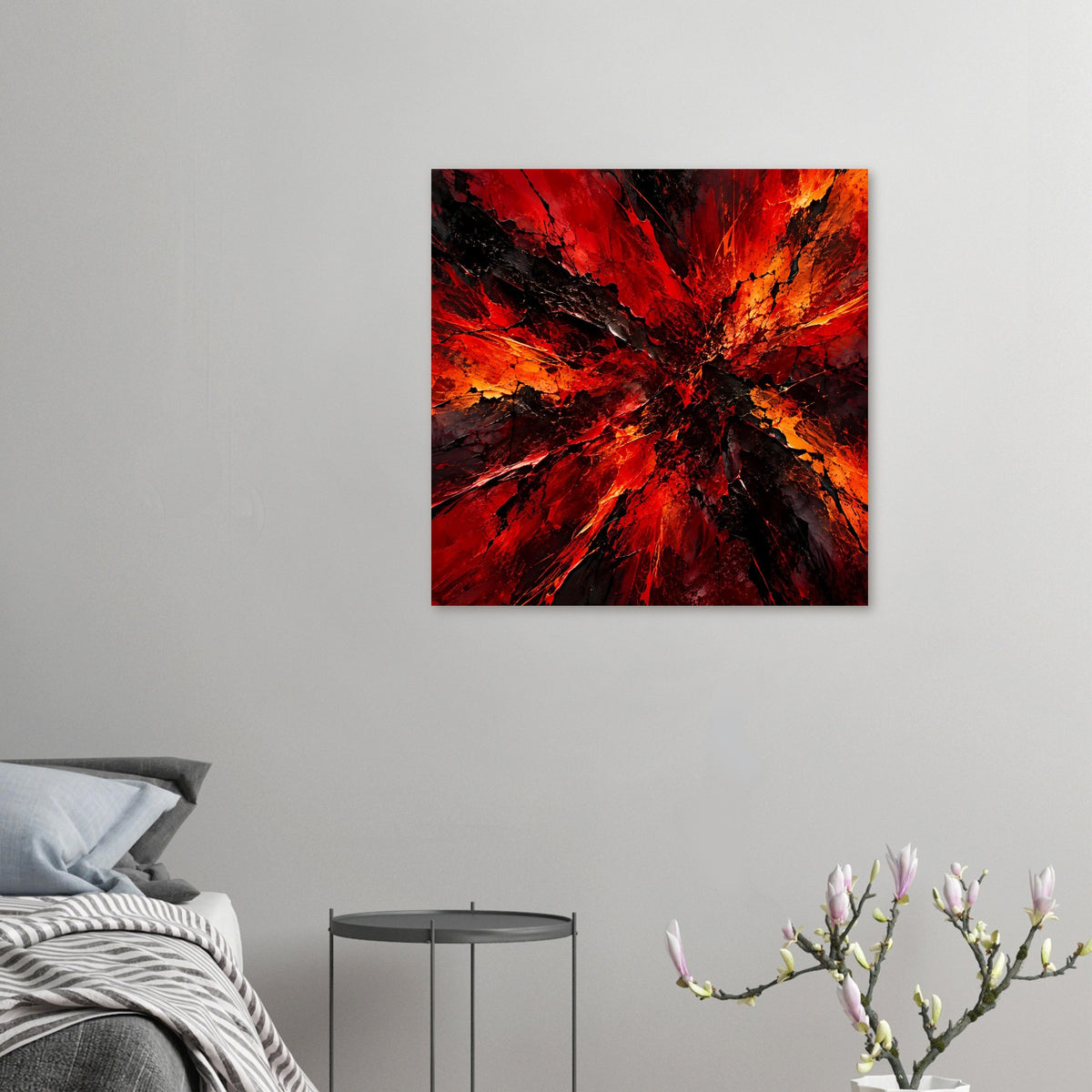 Kleines quadratisches Poster mit abstrakter Explosion in Rot, Orange und Schwarz