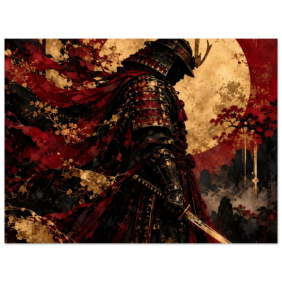 Japan-Poster mit Samurai-Krieger in schwarzer Rüstung, rotem Umhang und Katana-Klinge
