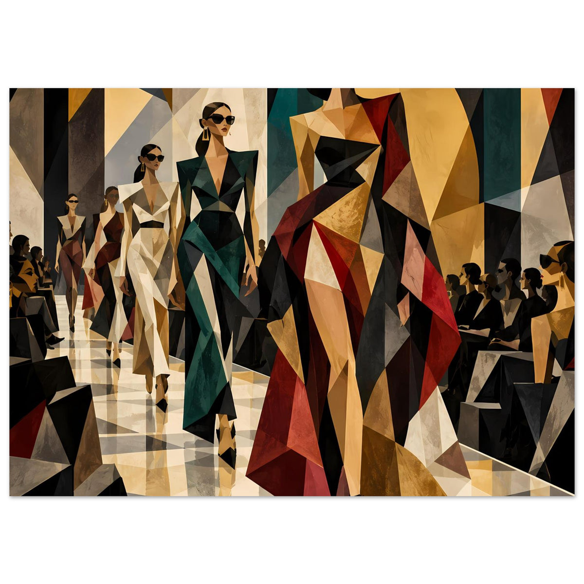 Fashion-Poster mit geometrischen Models am Laufsteg, Juwelenfarben, im schwarzen Rahmen