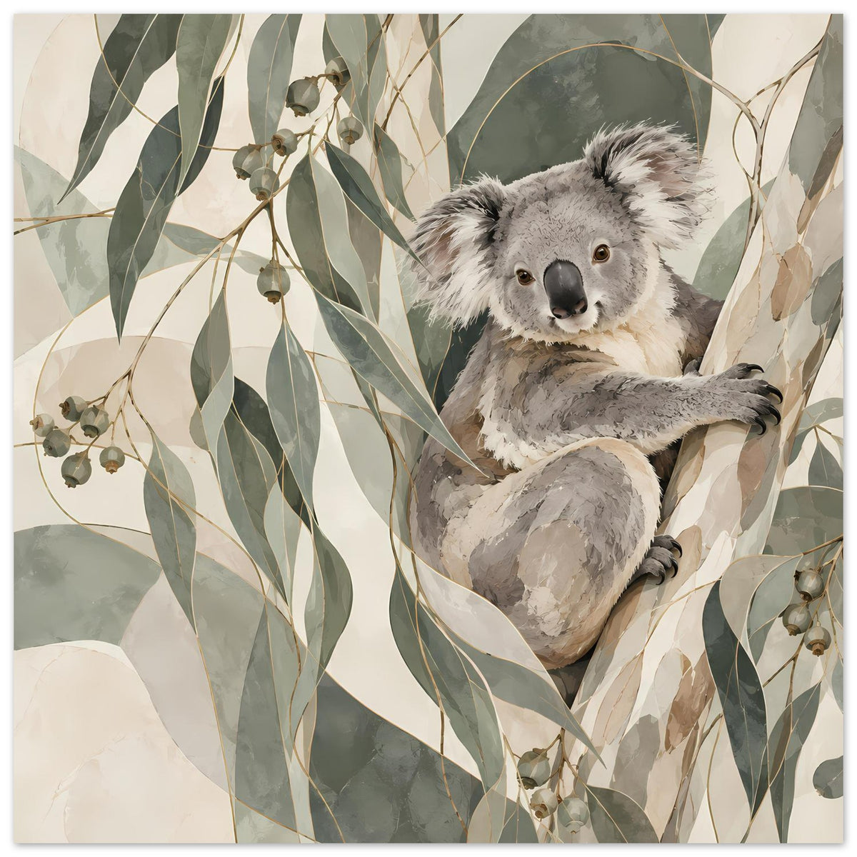 Koala-Porträtposter in Erdtönen, grau-weißes Fell, Koala mit Blick nach vorn